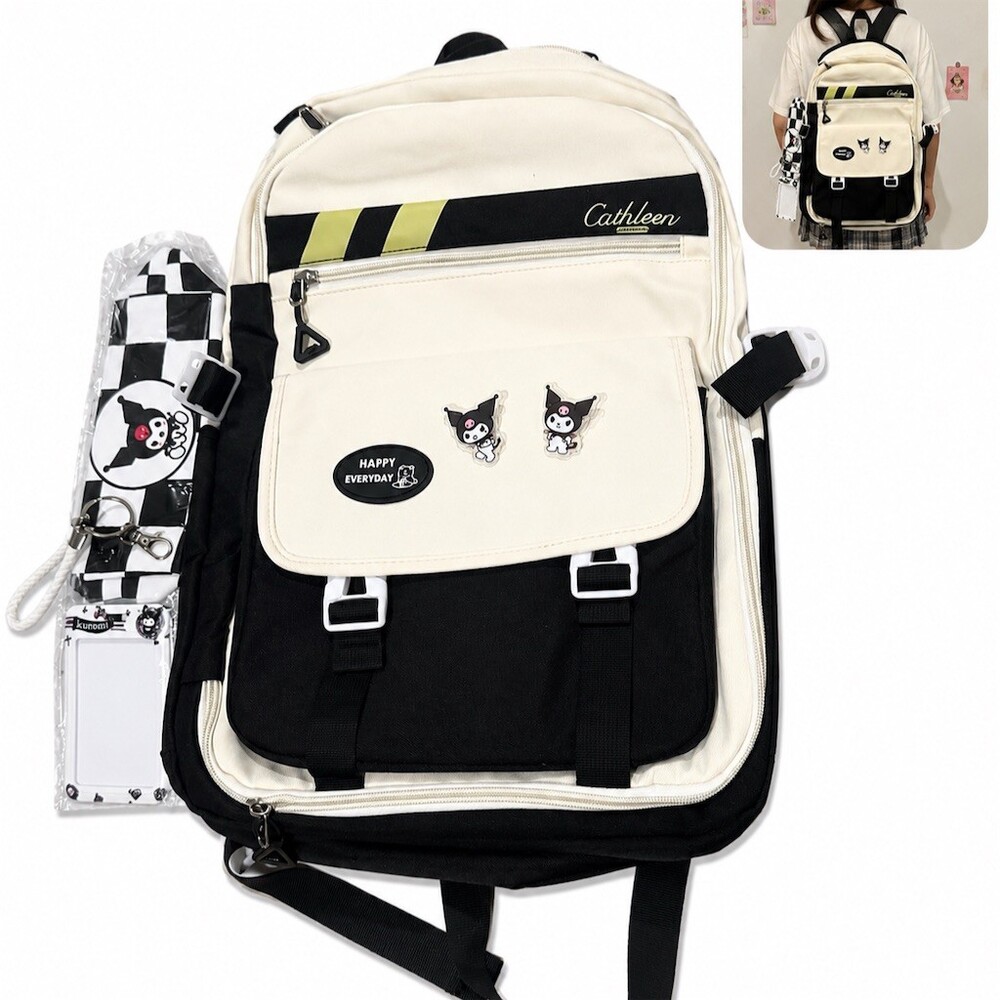 Unbranded Kuromi inspired kawaii Backpack 3pc Set Black Cream Multi-Pocket pin